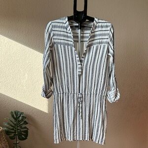 Striped V-Neck Drawstring Tunic Dress - White & Navy